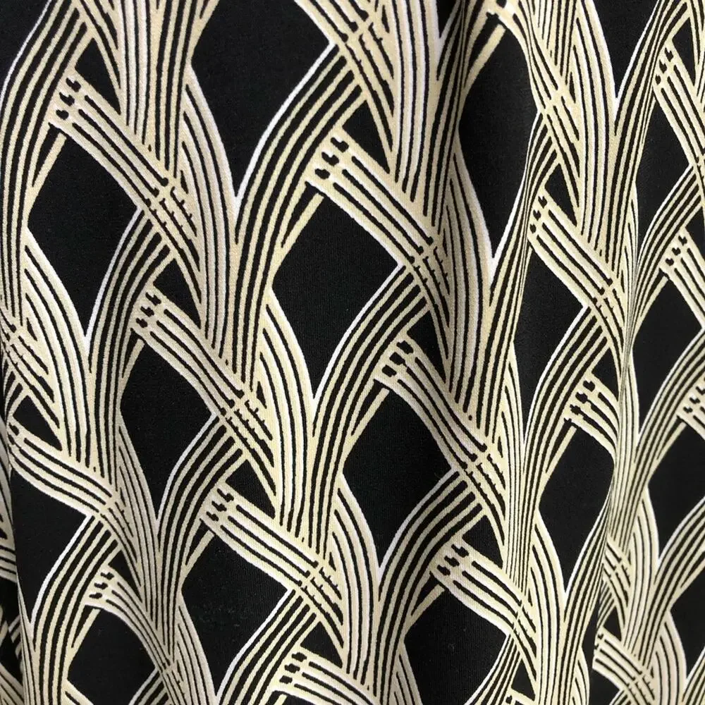WHBM cream black art deco geometric faux wrap midi dress size 6
